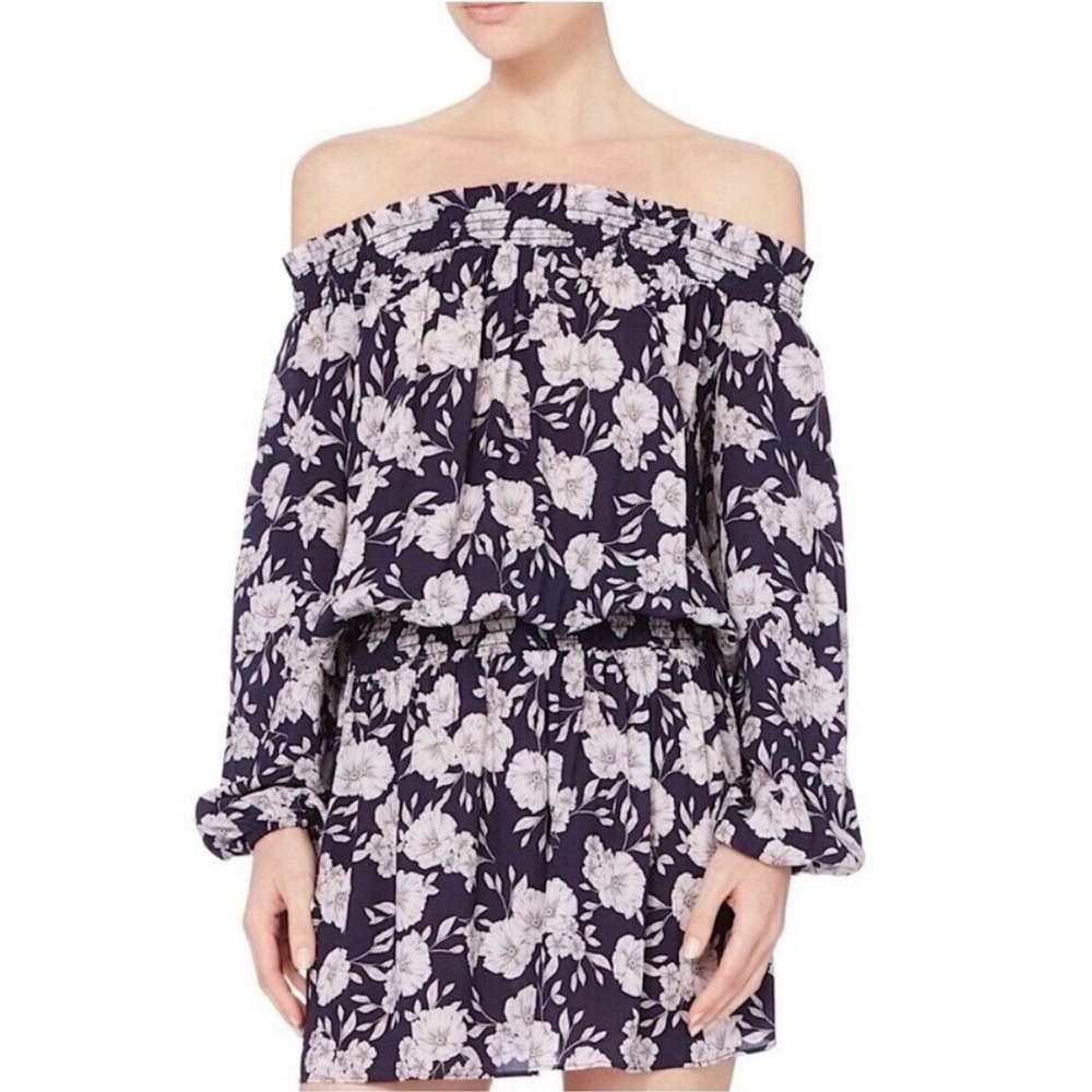 Intermix Emily Navy Blue Floral Off The Shoulder Smocked Mini Dress Small